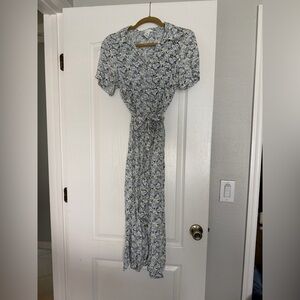 H&M Button Up Blue Floral Midi Dress with Tie Belt- Size XS